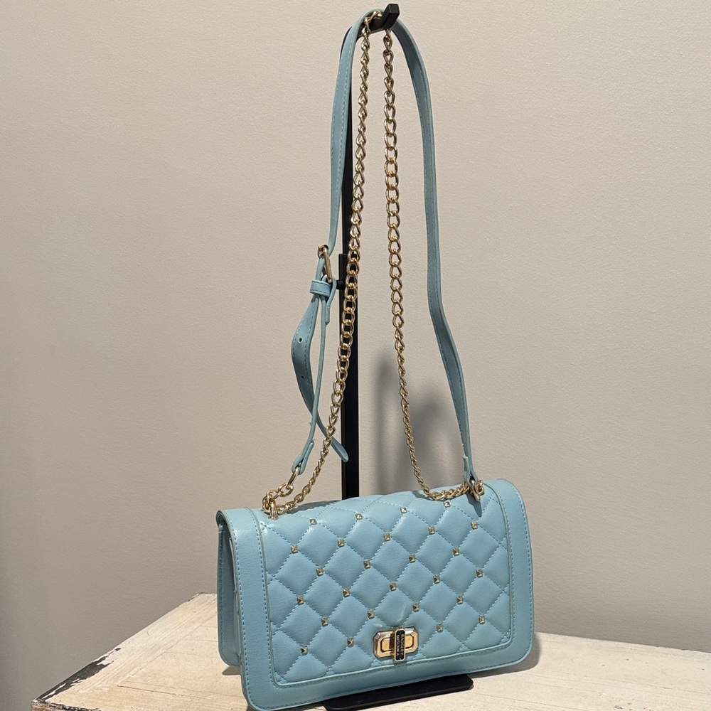 Badgley Mischka Light Blue Quilted Crossbody Bag with Gold Chain